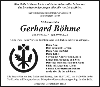 Traueranzeige von Gerhard Böhme  von Magdeburger Volksstimme