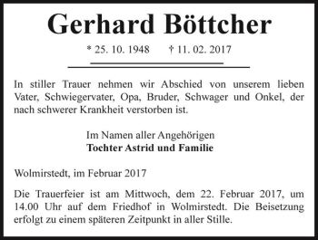 Traueranzeige von Gerhard Böttcher  von Magdeburger Volksstimme