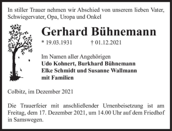 Traueranzeige von Gerhard Bühnemann  von Magdeburger Volksstimme