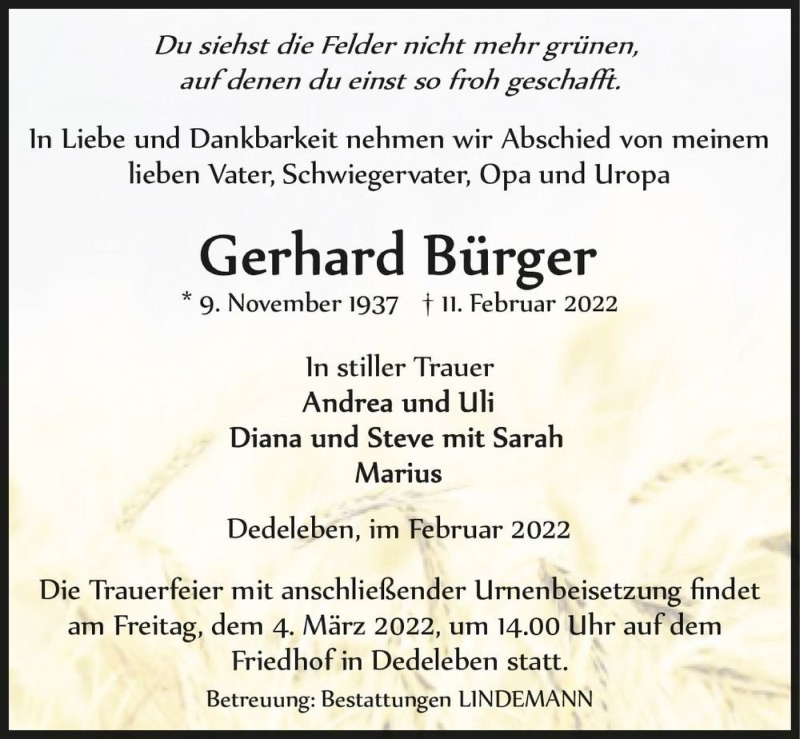  Traueranzeige für Gerhard Bürger  vom 19.02.2022 aus Magdeburger Volksstimme