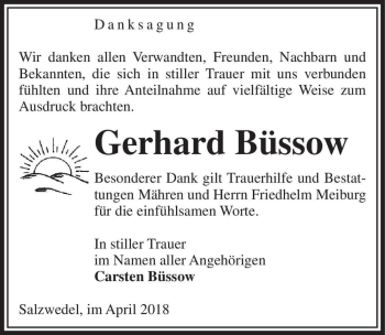 Traueranzeige von Gerhard Büssow  von Magdeburger Volksstimme