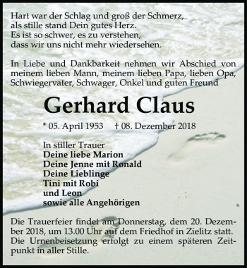 Traueranzeige von Gerhard Claus  von Magdeburger Volksstimme