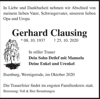 Traueranzeige von Gerhard Clausing  von Magdeburger Volksstimme
