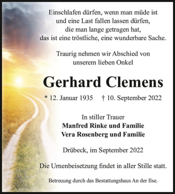 Traueranzeige von Gerhard Clemens  von Magdeburger Volksstimme
