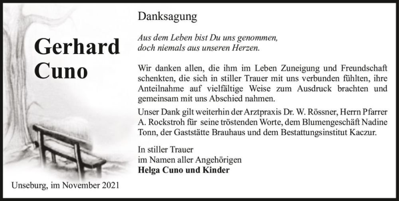  Traueranzeige für Gerhard Cuno  vom 16.11.2021 aus Magdeburger Volksstimme