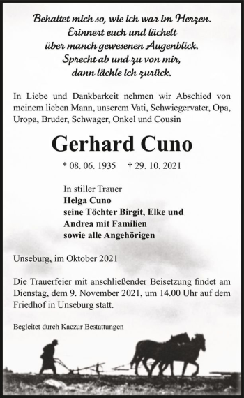 Traueranzeige von Gerhard Cuno  von Magdeburger Volksstimme