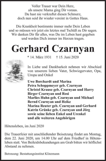 Traueranzeige von Gerhard Czarnyan  von Magdeburger Volksstimme