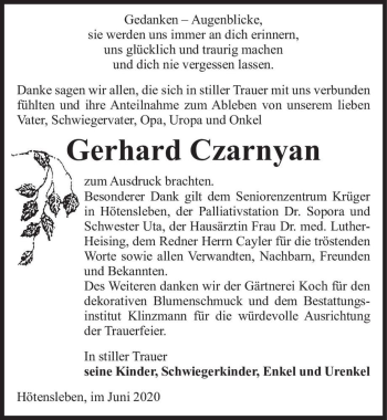 Traueranzeige von Gerhard Czarnyan  von Magdeburger Volksstimme