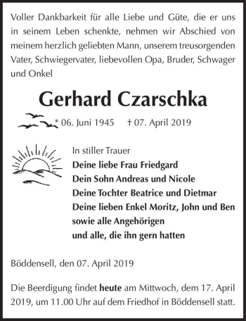Traueranzeige von Gerhard Czarschka  von Magdeburger Volksstimme