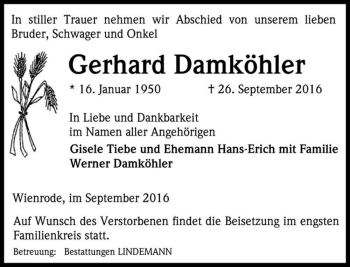 Traueranzeige von Gerhard Damköhler  von Magdeburger Volksstimme
