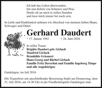 Traueranzeige von Gerhard Daudert  von Magdeburger Volksstimme