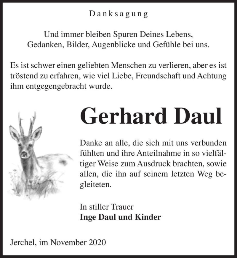  Traueranzeige für Gerhard Daul  vom 07.11.2020 aus Magdeburger Volksstimme