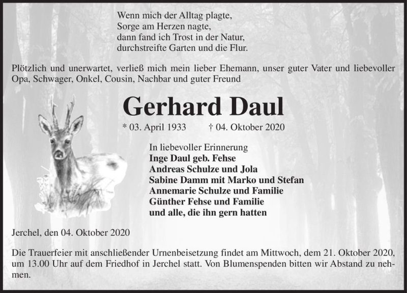  Traueranzeige für Gerhard Daul  vom 07.10.2020 aus Magdeburger Volksstimme
