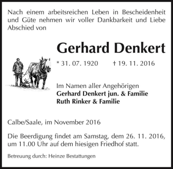 Traueranzeige von Gerhard Denkert  von Magdeburger Volksstimme