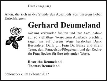 Traueranzeige von Gerhard Deumeland  von Magdeburger Volksstimme