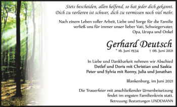 Traueranzeige von Gerhard Deutsch  von Magdeburger Volksstimme