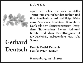 Traueranzeige von Gerhard Deutsch  von Magdeburger Volksstimme