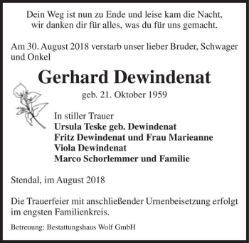 Traueranzeige von Gerhard Dewindenat  von Magdeburger Volksstimme
