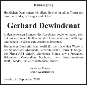 Traueranzeige von Gerhard Dewindenat  von Magdeburger Volksstimme