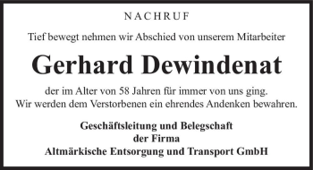 Traueranzeige von Gerhard Dewindenat  von Magdeburger Volksstimme