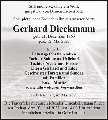 Traueranzeige von Gerhard Dieckmann  von Magdeburger Volksstimme