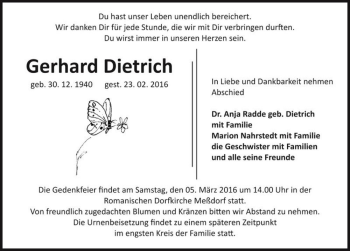 Traueranzeige von Gerhard Dietrich  von Magdeburger Volksstimme