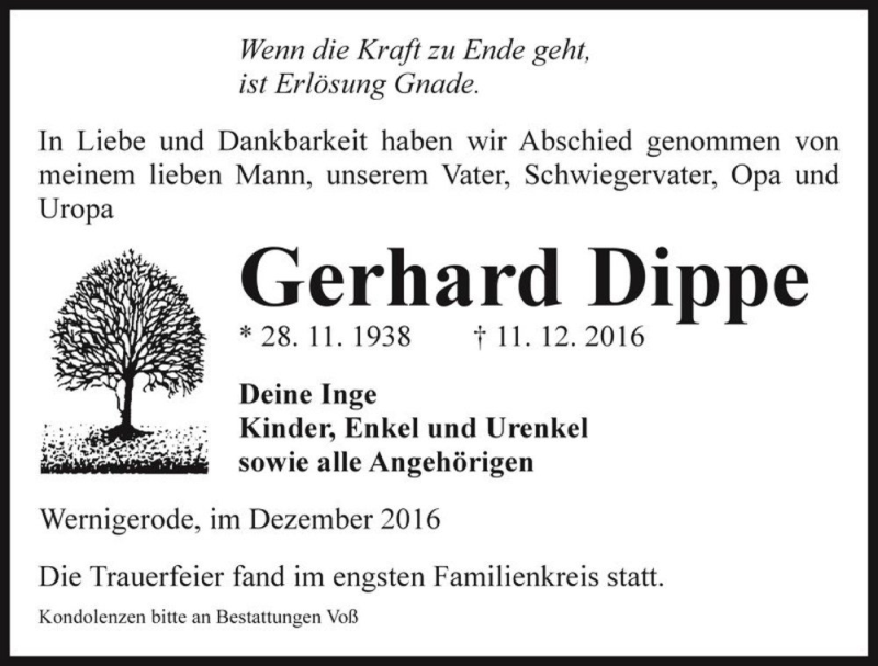  Traueranzeige für Gerhard Dippe  vom 14.01.2017 aus Magdeburger Volksstimme