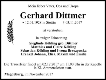 Traueranzeige von Gerhard Dittmer  von Magdeburger Volksstimme