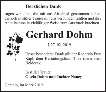 Traueranzeige von Gerhard Dohm  von Magdeburger Volksstimme