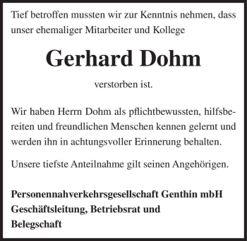 Traueranzeige von Gerhard Dohm  von Magdeburger Volksstimme