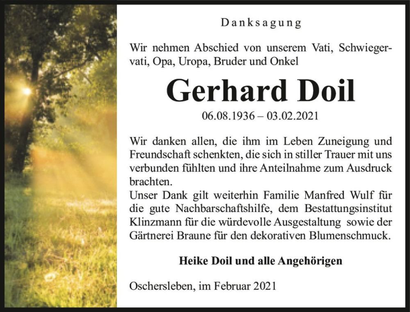  Traueranzeige für Gerhard Doil  vom 05.03.2021 aus Magdeburger Volksstimme