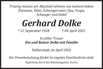 Traueranzeige von Gerhard Dolke  von Magdeburger Volksstimme