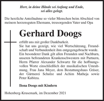 Traueranzeige von Gerhard Doogs  von Magdeburger Volksstimme