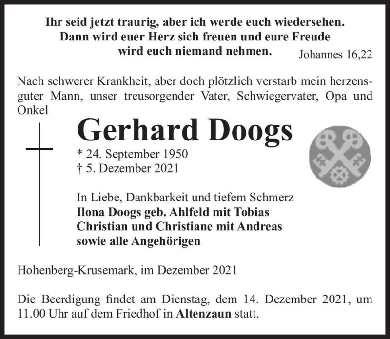  Traueranzeige für Gerhard Doogs  vom 09.12.2021 aus Magdeburger Volksstimme