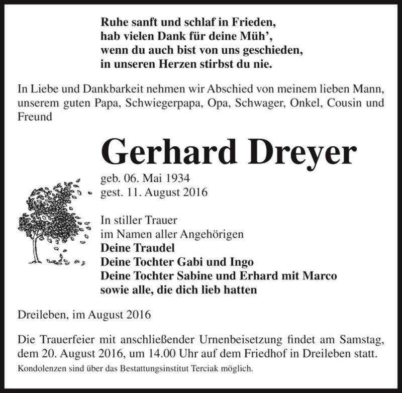  Traueranzeige für Gerhard Dreyer  vom 16.08.2016 aus Magdeburger Volksstimme