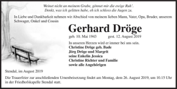Traueranzeige von Gerhard Dröge  von Magdeburger Volksstimme