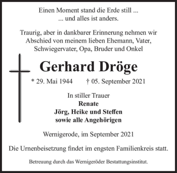 Traueranzeige von Gerhard Dröge  von Magdeburger Volksstimme