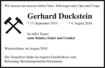 Traueranzeige von Gerhard Duckstein  von Magdeburger Volksstimme