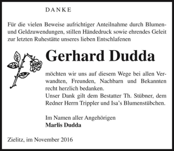 Traueranzeige von Gerhard Dudda  von Magdeburger Volksstimme
