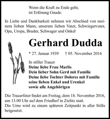 Traueranzeige von Gerhard Dudda  von Magdeburger Volksstimme