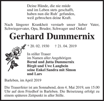 Traueranzeige von Gerhard Dummernix  von Magdeburger Volksstimme
