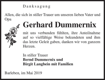 Traueranzeige von Gerhard Dummernix  von Magdeburger Volksstimme
