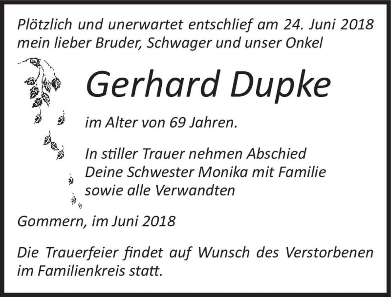  Traueranzeige für Gerhard Dupke  vom 07.07.2018 aus Magdeburger Volksstimme