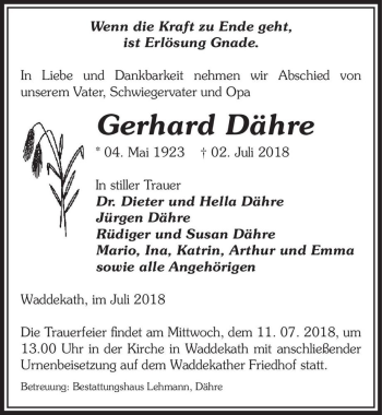 Traueranzeige von Gerhard Dähre  von Magdeburger Volksstimme