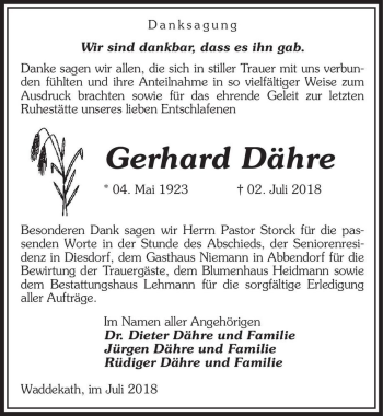 Traueranzeige von Gerhard Dähre  von Magdeburger Volksstimme