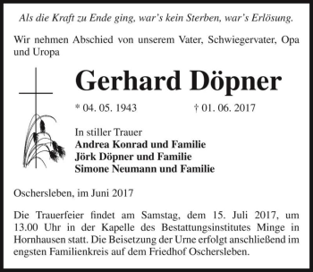 Traueranzeige von Gerhard Döpner  von Magdeburger Volksstimme