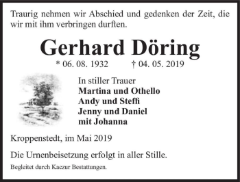 Traueranzeige von Gerhard Döring  von Magdeburger Volksstimme