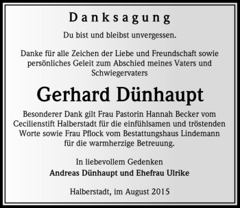 Traueranzeige von Gerhard Dünhaupt  von Magdeburger Volksstimme