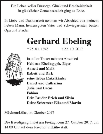 Traueranzeige von Gerhard Ebeling  von Magdeburger Volksstimme