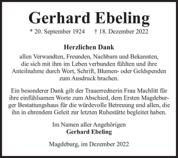 Traueranzeige von Gerhard Ebeling  von Magdeburger Volksstimme